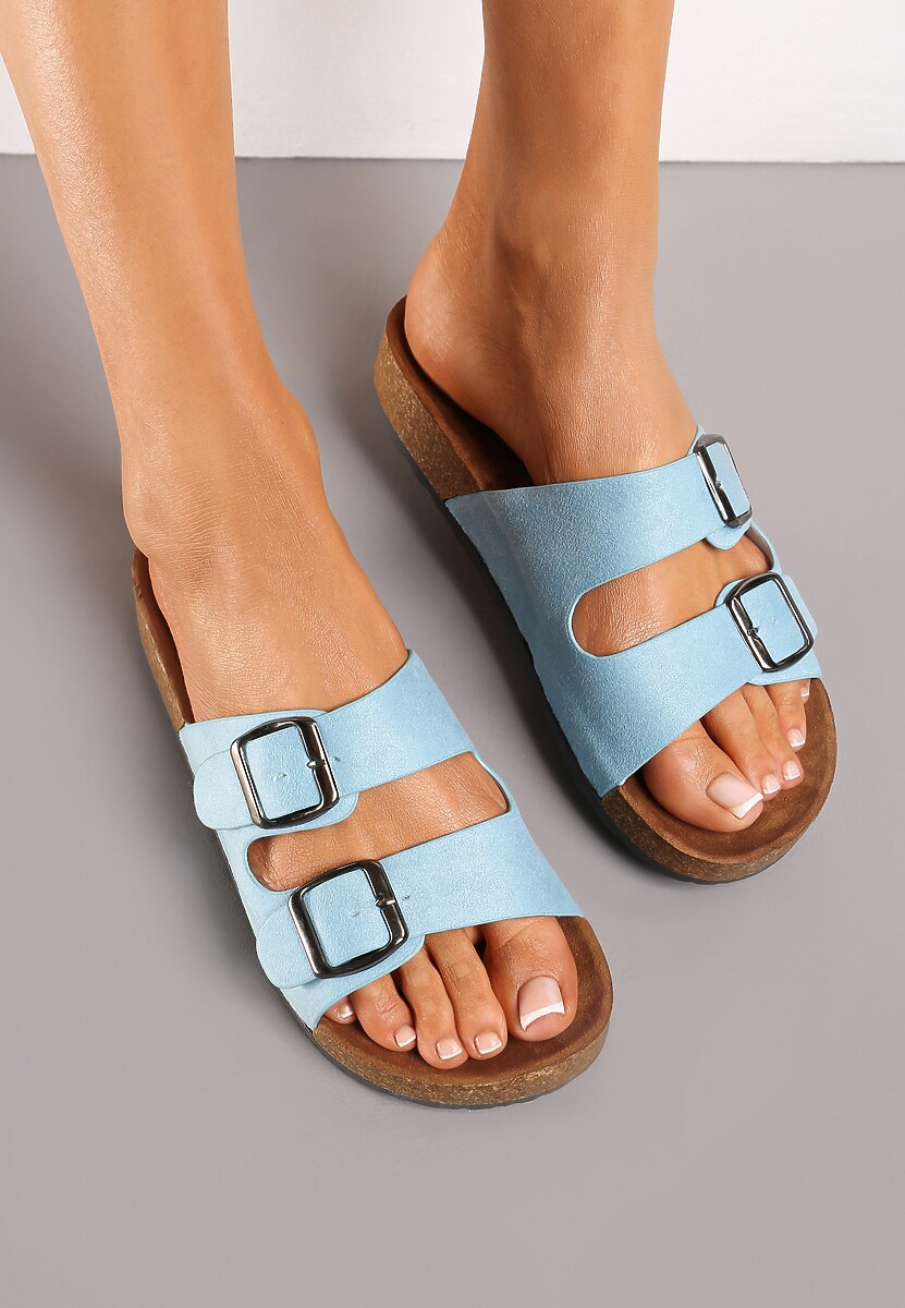 Niebieskie Płaskie Klapki na Podeszwie z Korka z Ozdobnymi Klamrami Cradiasa