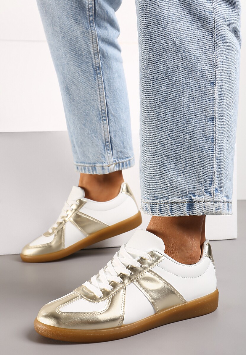 Złoto-Białe Sneakersy Tenisówki z Ozdobnymi Przeszyciami Sumina