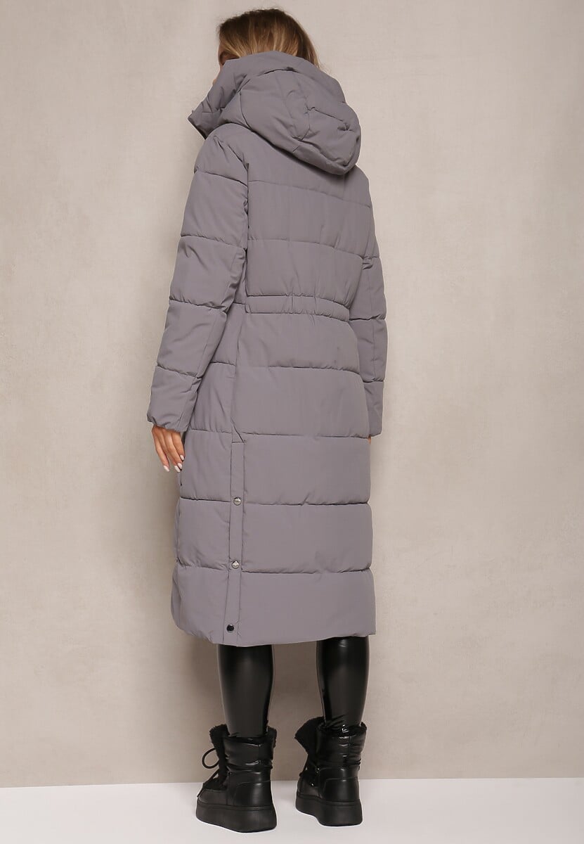 Szara Długa Kurtka Płaszcz z Pikowaniem oraz Kapturem Madirre