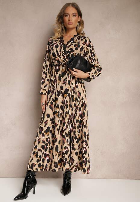 Brązowa Panterkowa Sukienka z Kopertowym Dekoltem Koronką Paskiem i Gumką w Talii Siavindra