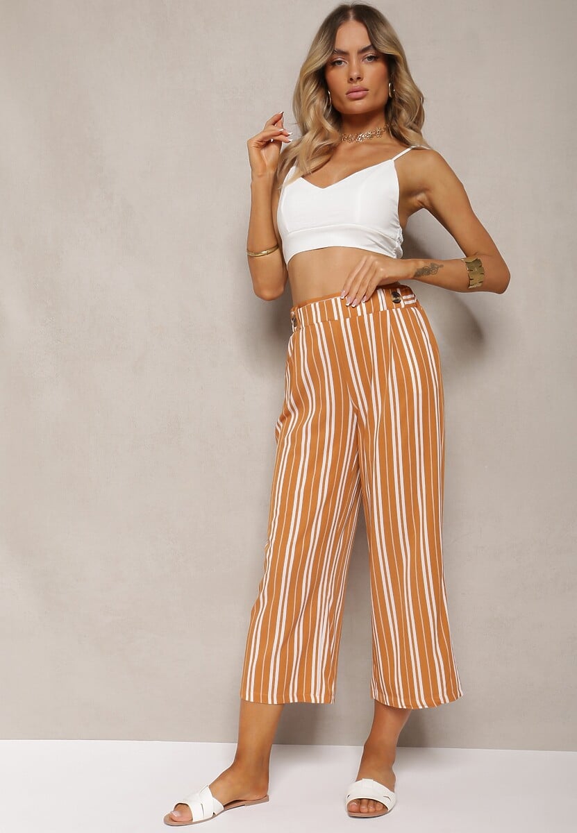 Pomarańczowe Szerokie Spodnie z Gumką w Pasie i Printem w Paski Jamiena