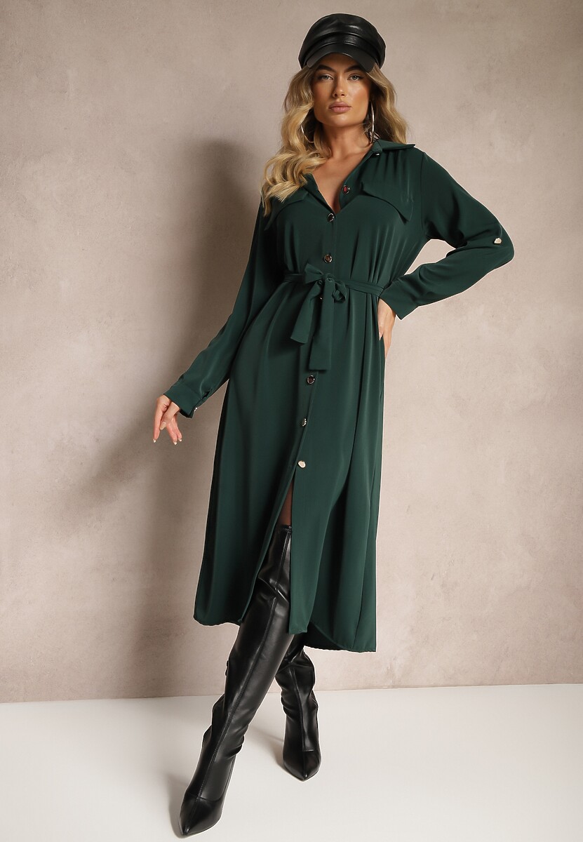 Ciemnozielona Rozkloszowana Sukienka o Koszulowym Kroju z Guzikami Wiązana w Talii Kortiana