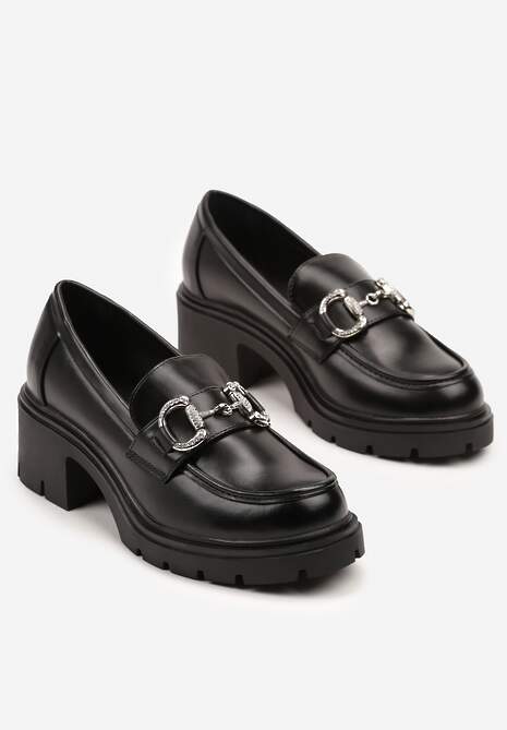 Czarne Półbuty Mokasyny na Słupku Ozdobione Klamrą i Cyrkoniami Lenlisa