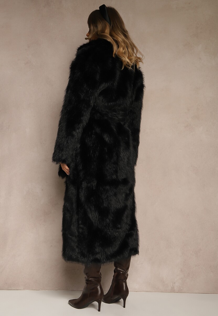 Czarny Płaszcz Futerko z Paskiem Wiązanym w Talii Dinelle