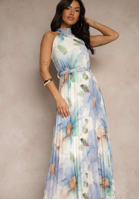 Niebieska Plisowana Sukienka z Wiązaniem i Paskiem z Klamrą Nitolia