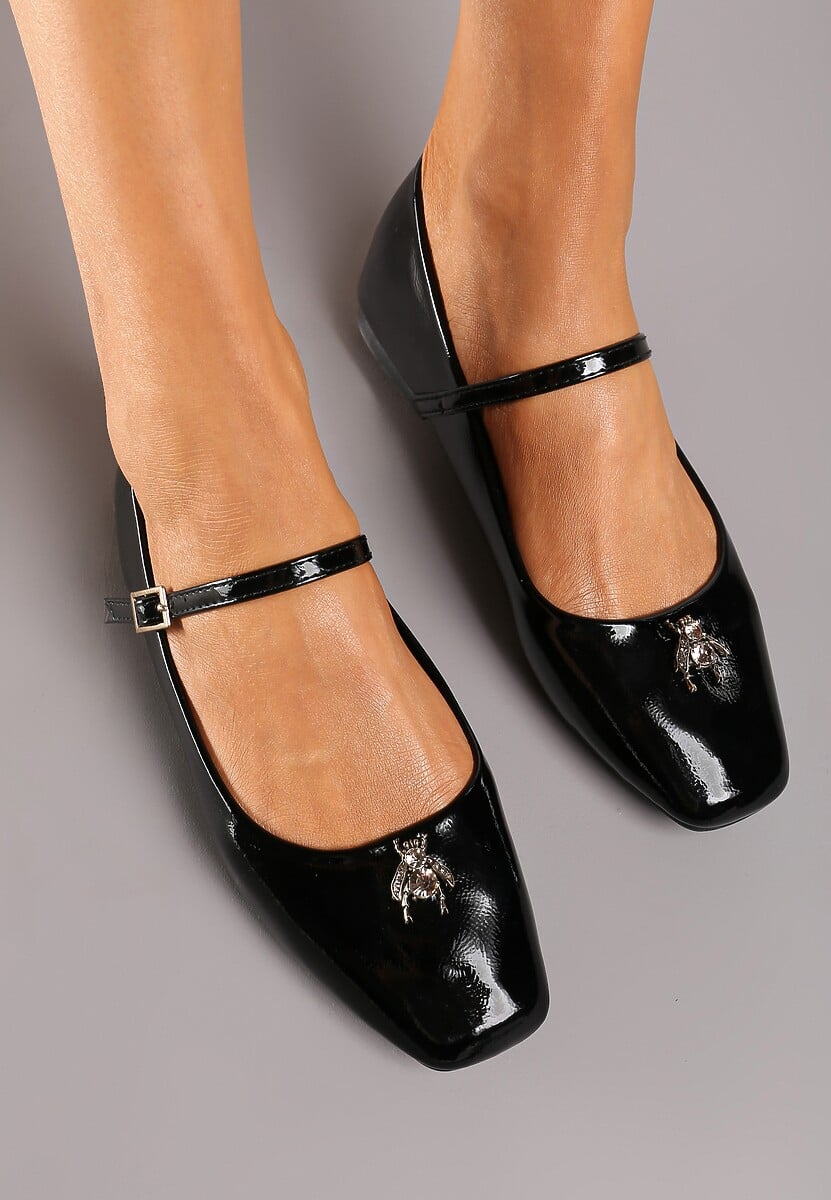 Czarne Balerinki Ozdobione Aplikacją Owada z Paskiem i Sprzączką Nevisola