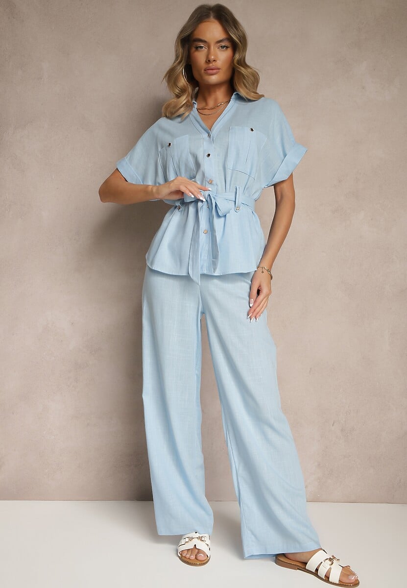 Niebieski Komplet z Bawełną Spodnie i Koszula z Paskiem Rinaretea