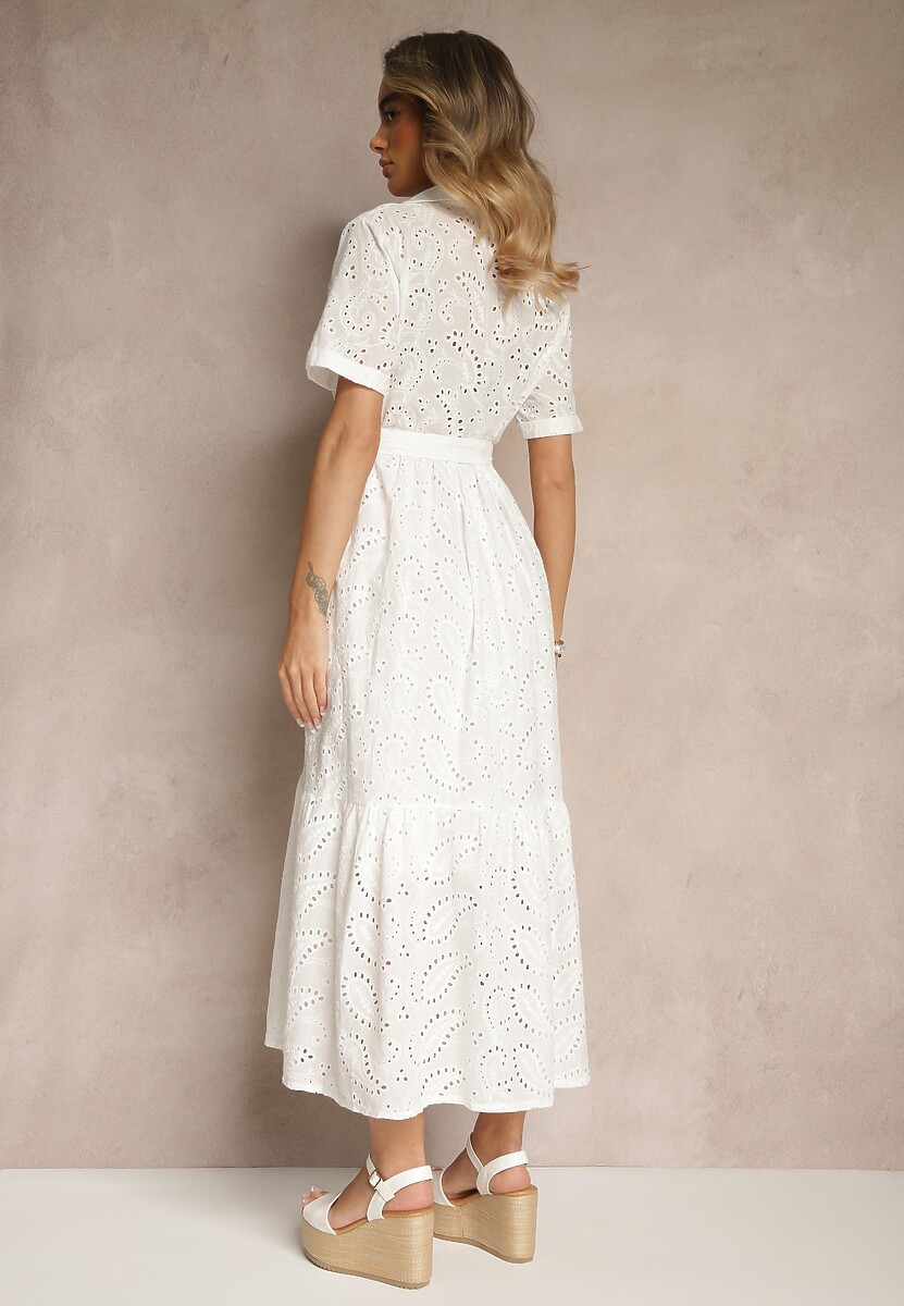 Biała Ażurowa Sukienka z Bawełny Koszulowa Ozdobiona Paskiem Fevorette