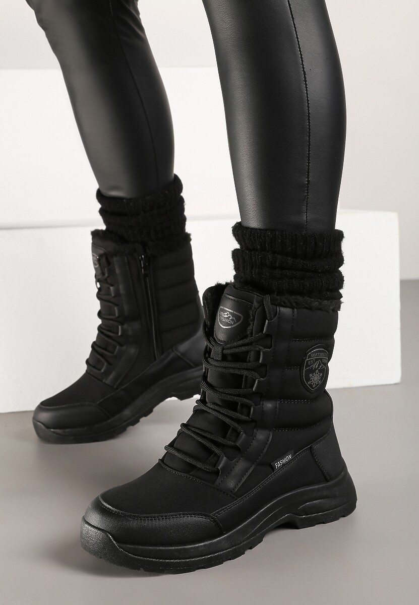 Czarne Śniegowce na Grubej Podeszwie z Ozdobnym Sznurowaniem Scorpias