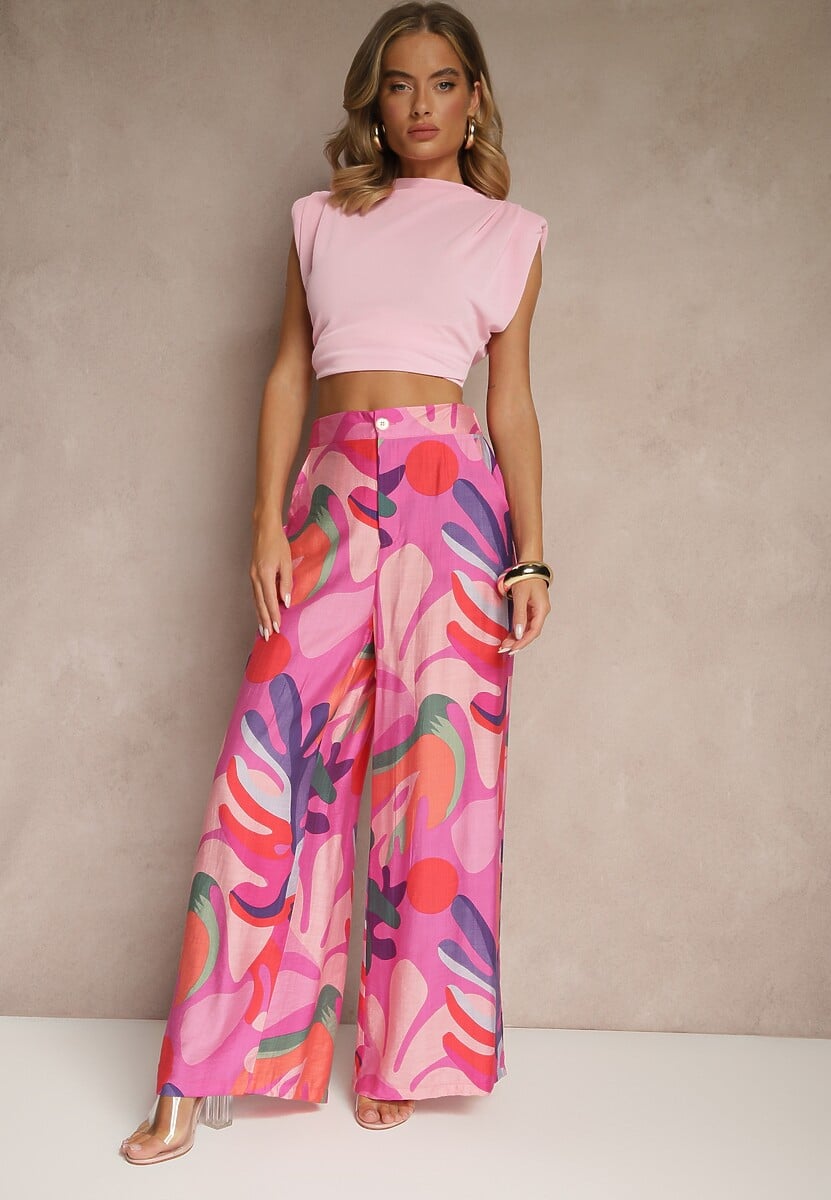 Fuksjowe Spodnie z Wiskozy o Szerokim Kroju High Waist ze Wzorem Liści Ralimia