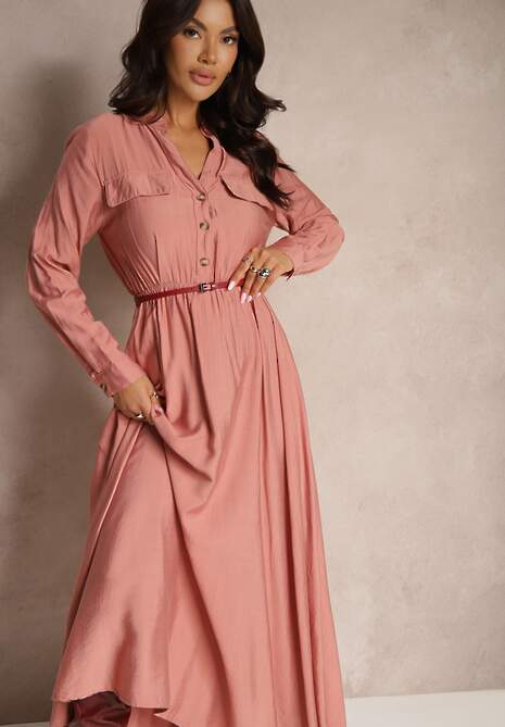 Różowa Koszulowa Sukienka o Rozkloszowanym Kroju z Paskiem i Gumką Zinfretta