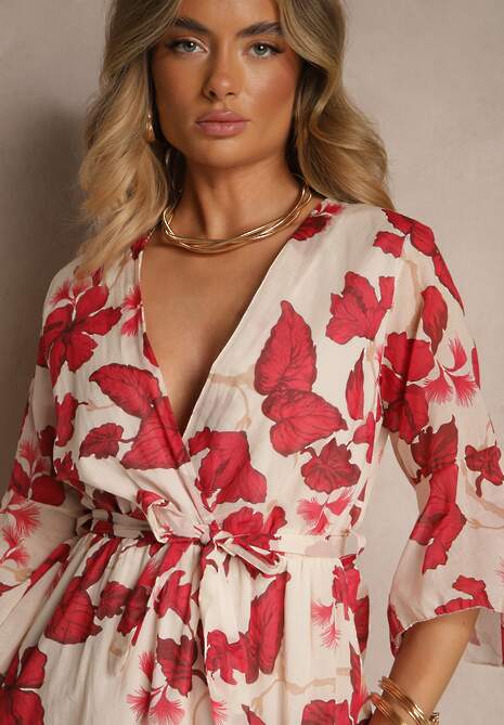 Czerwona Asymetryczna Sukienka z Bawełny z Kopertowym Dekoltem i Wiązanym Paskiem Nitilira