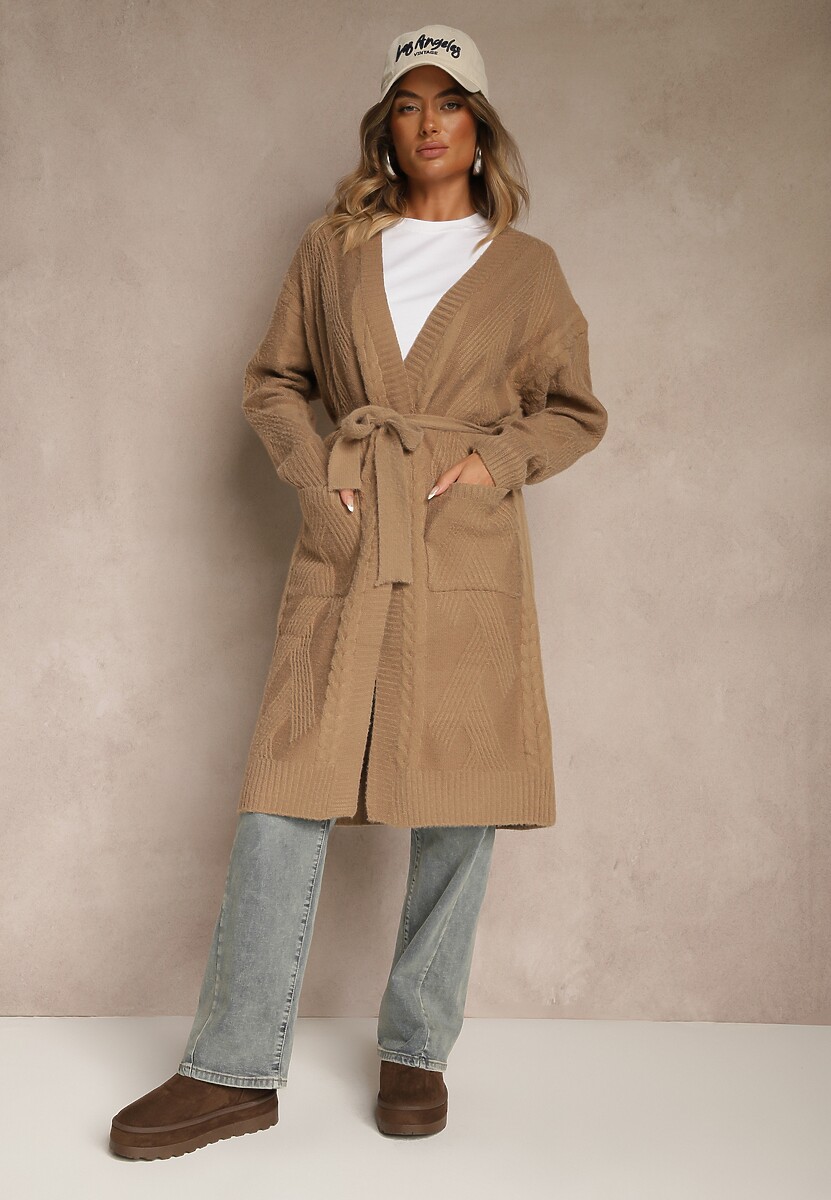 Brązowy Tłoczony Kardigan z Wełną o Kroju Bez Zapięć z Paskiem Dorrive