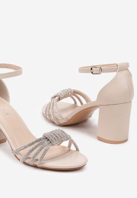 Beżowe Eleganckie Sandały na Słupku z Cyrkoniowymi Paskami Merilinae