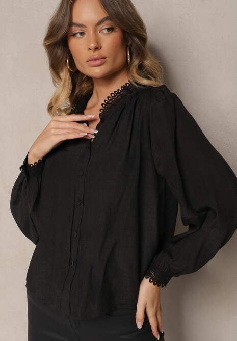 Czarna Luźna Koszula z Wiskozą Zdobiona Koronką Venoriah