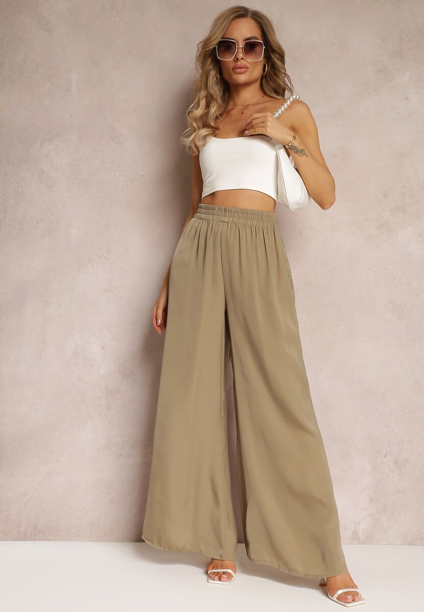 Ciemnozielone Szerokie Spodnie z Gumką w Talii Carleny