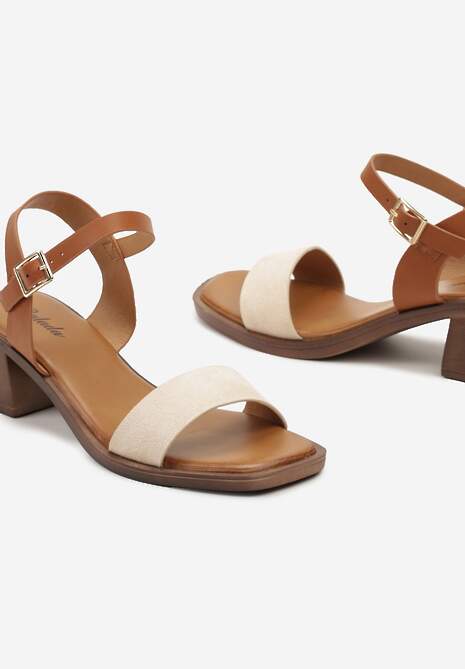 Beżowe Sandały Boho z Imitacją Drewna na Obcasie i Podeszwie Effioma