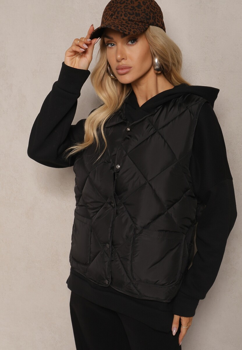 Czarna Pikowana Kamizelka z Kieszonkami i Napami Azortia