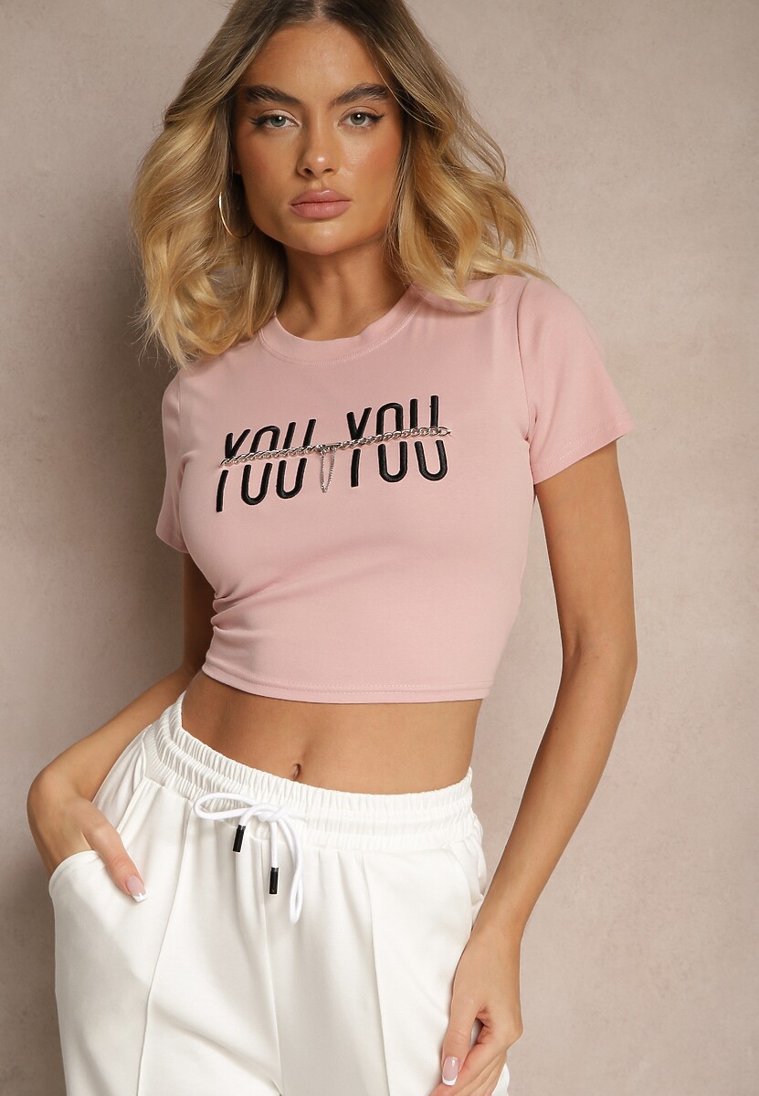 Czarny T-shirt z Bawełny Ozdobiony Łańcuchem i Napisem Olithel