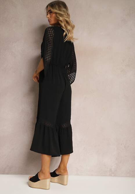 Czarny Kombinezon z Szerokimi Nogawkami Typu Dzwony z Koronką Fielara