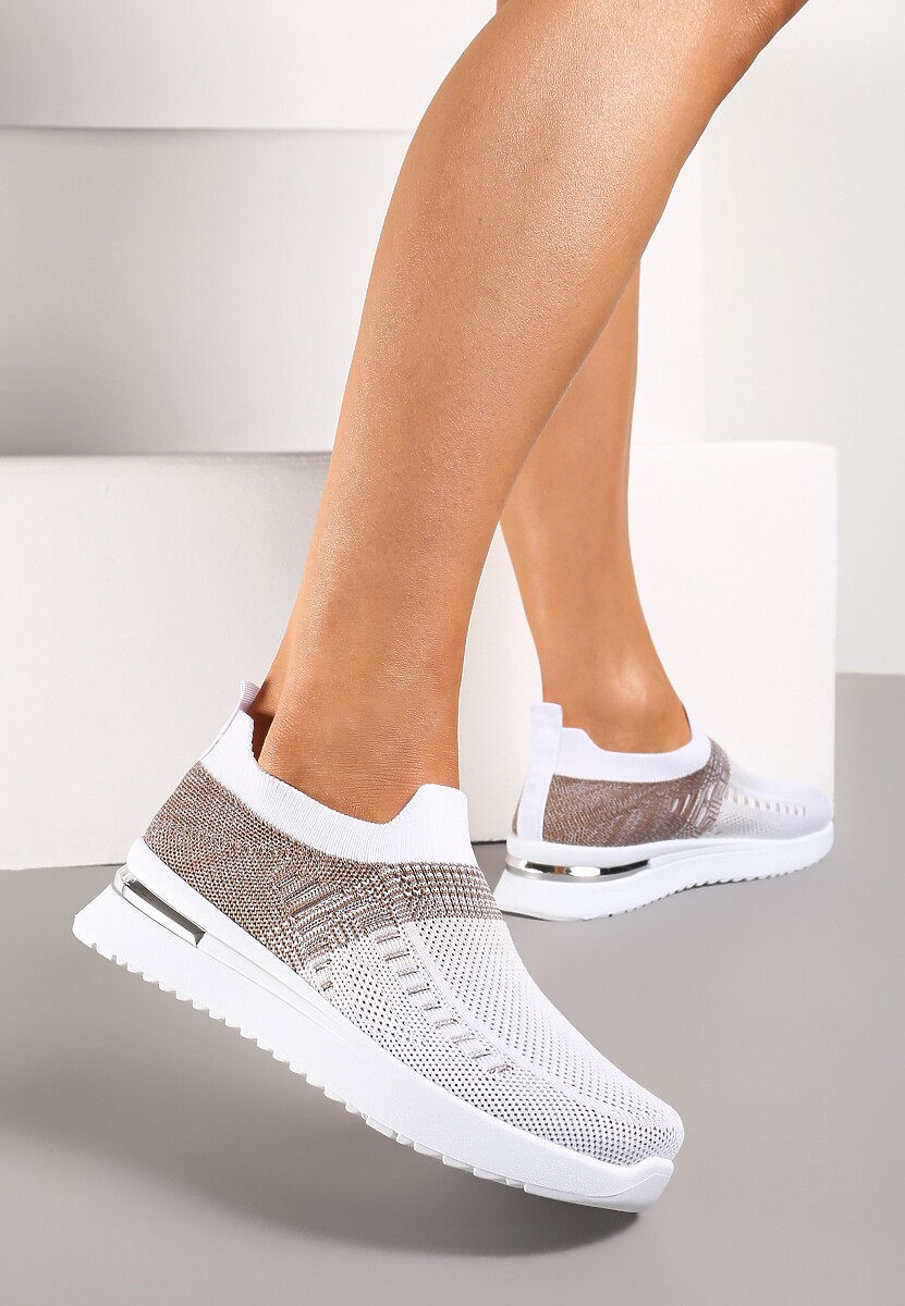 Biało-Beżowe Buty Sportowe z Nadrukiem Obmre i Skarpetkową Cholewką Erinevia