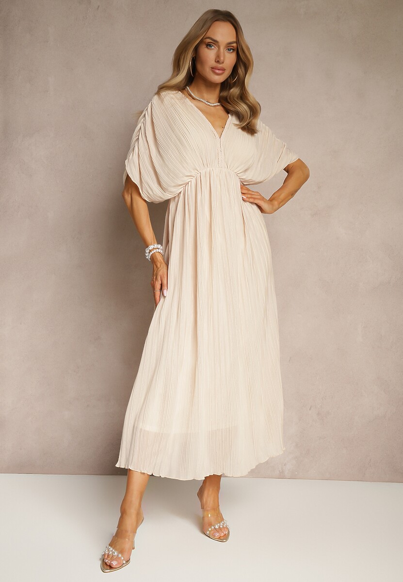 Beżowa Luźna Sukienka Wiązana na Szyi Taliowana z Rozkloszowanym Dołem Napovira