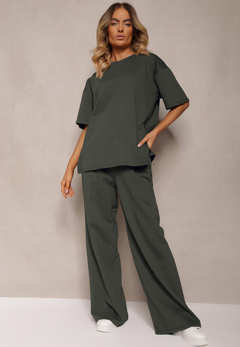 Ciemnozielony Komplet z Bawełny Proste Szerokie Spodnie z Gumką w Pasie Bluzka z Rozcięciami Vimarases