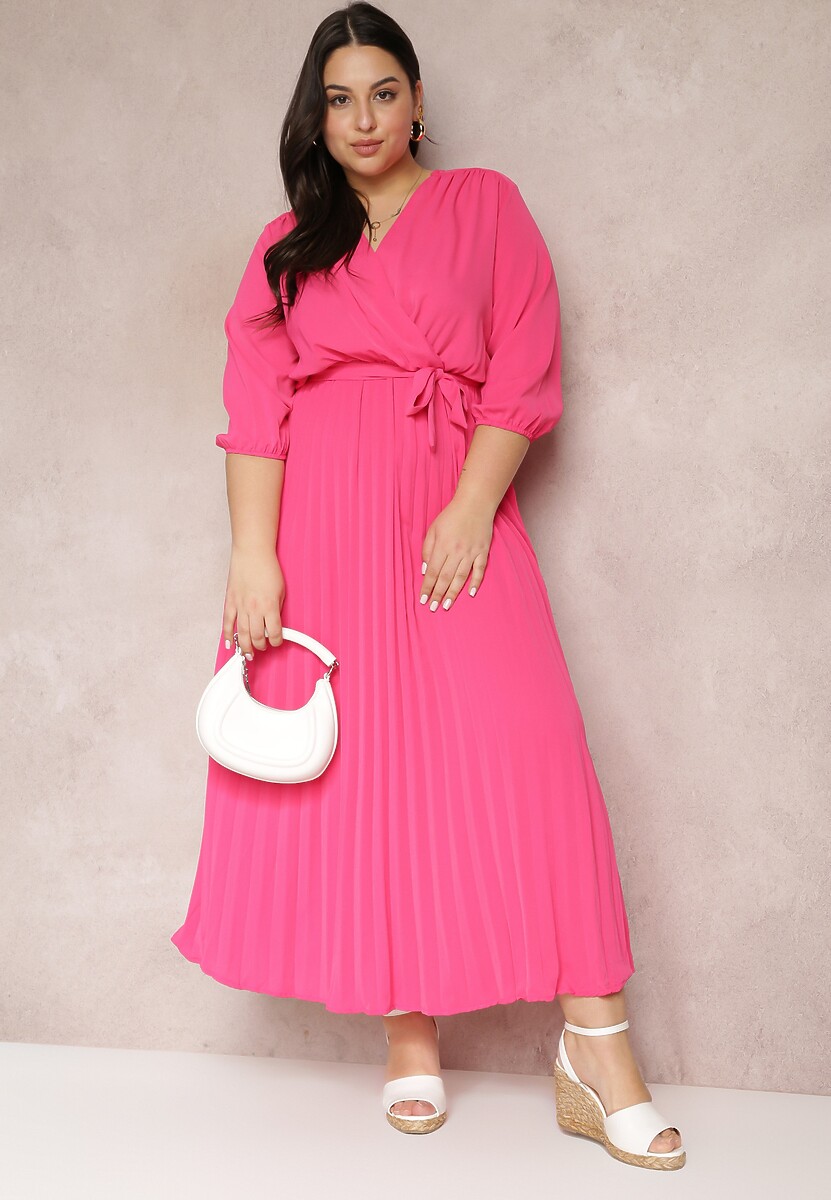 Różowa Kopertowa Sukienka z Gumką i Paskiem w Talii Zdobiona Plisowaniem Kaylina