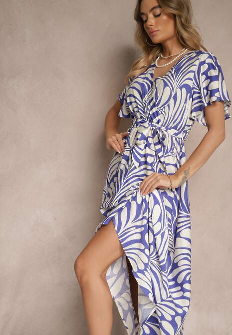 Niebieska Kopertowa Sukienka z Wiskozy Zdobiona Printem z Motywem Roślinnym Dinea