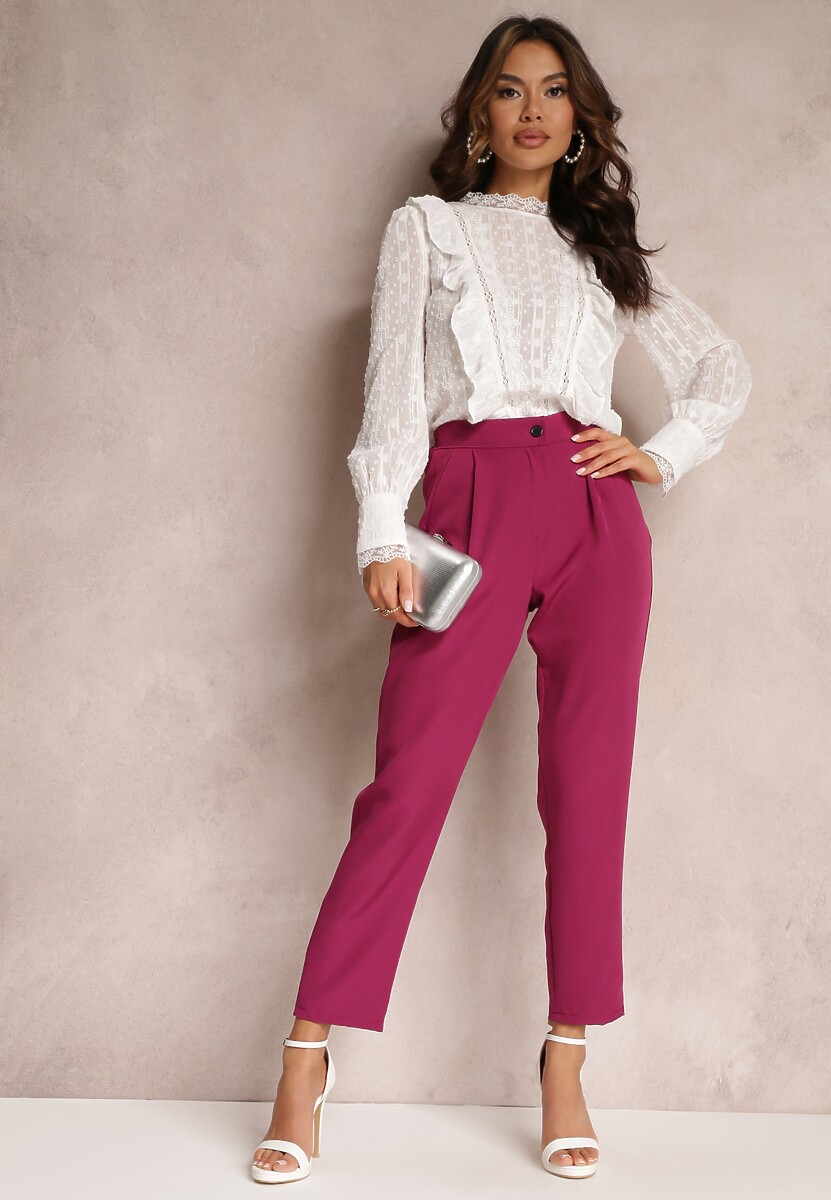 Biała Koronkowa Bluzka z Falbankami i Metaliczną Nitką Otha