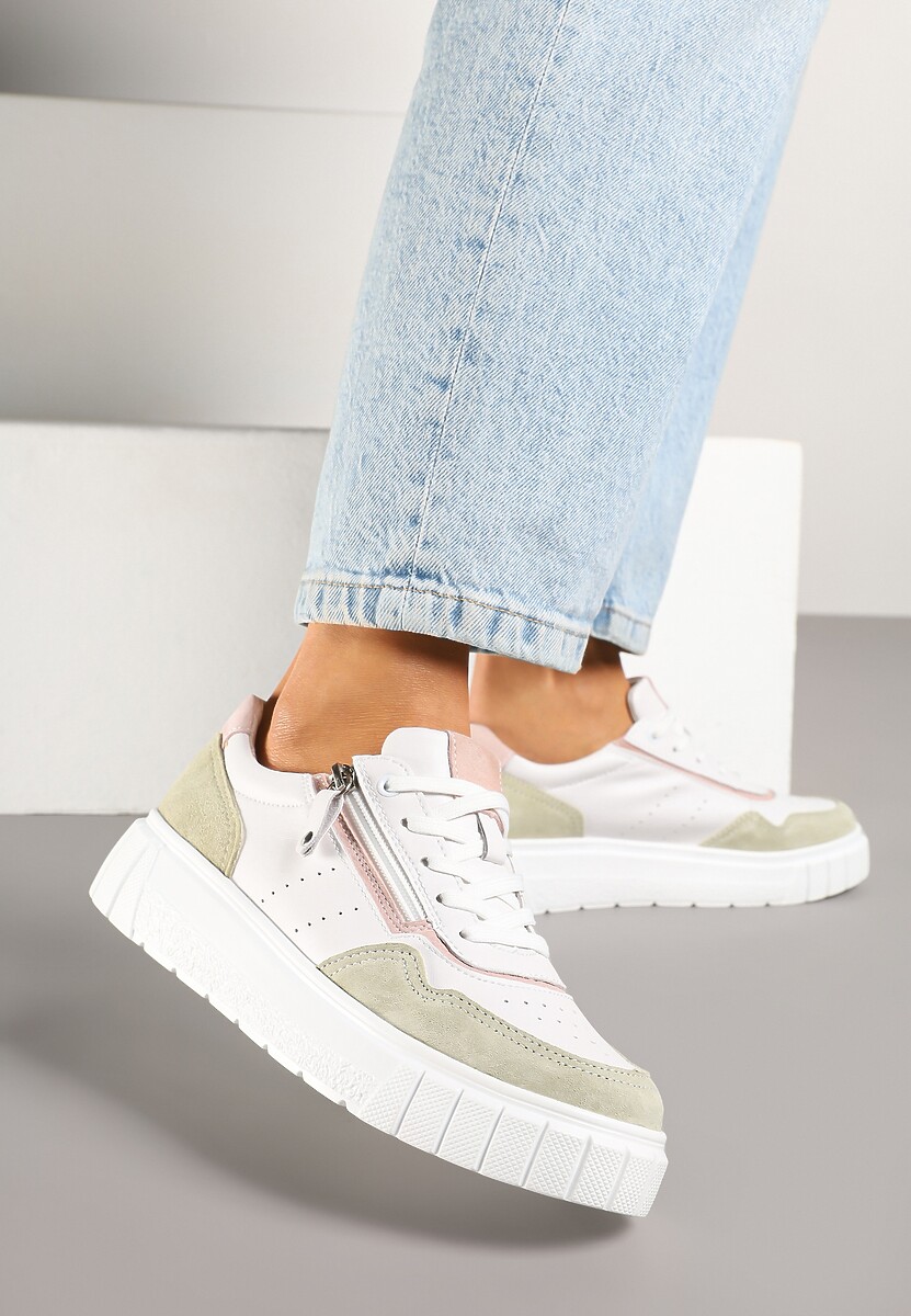 Ciemnobeżowe Sneakersy ze Skóry Naturalnej z Ozdobnym Suwakiem Tilliraya