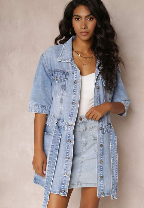 Niebieska Sukienka Koszulowa z Jeansu z Paskiem i Guzikami Avaleen