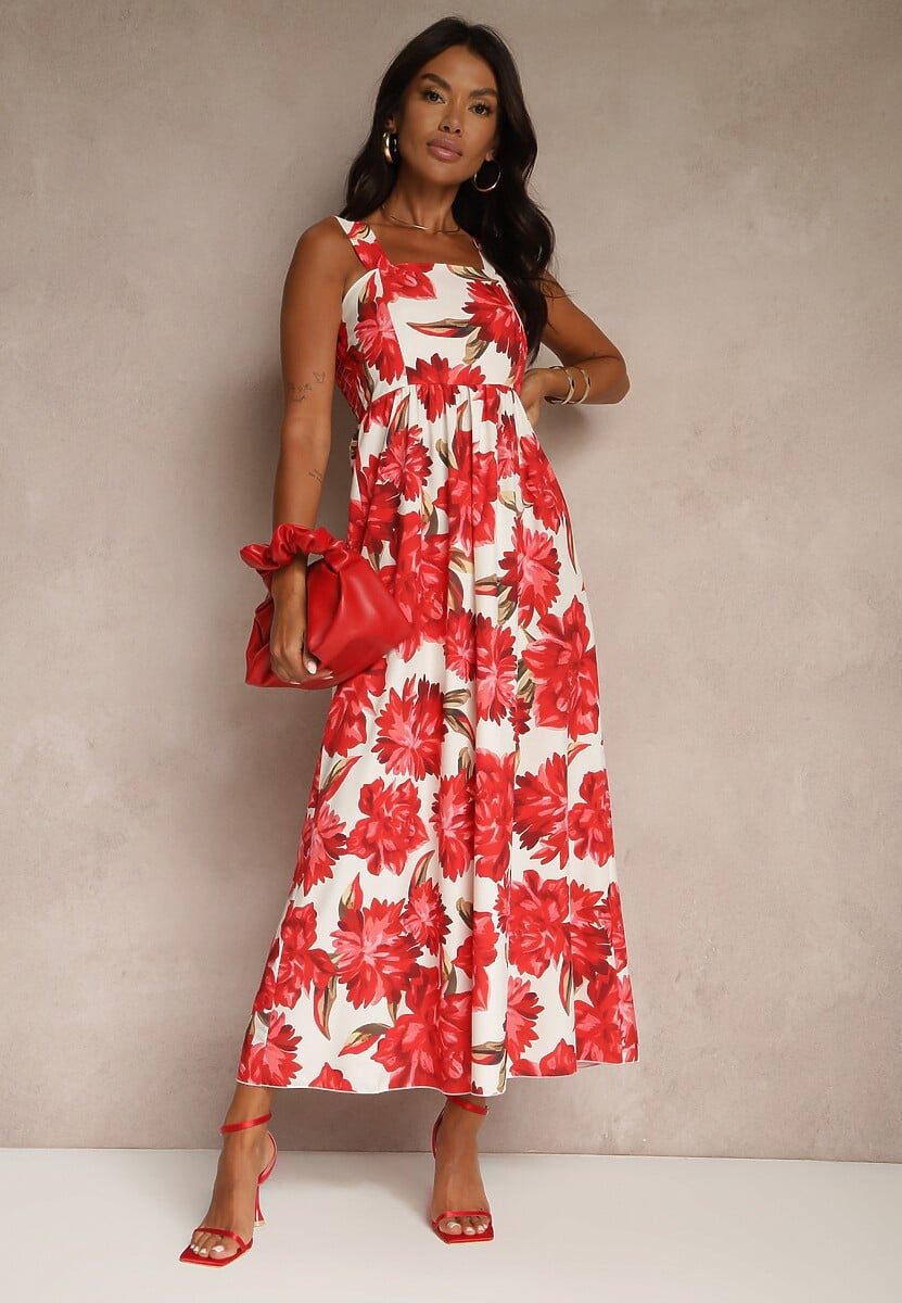 Czerwona Sukienka z Wiskozą o Rozkloszowanym Kroju z Kwiatami Nilestra