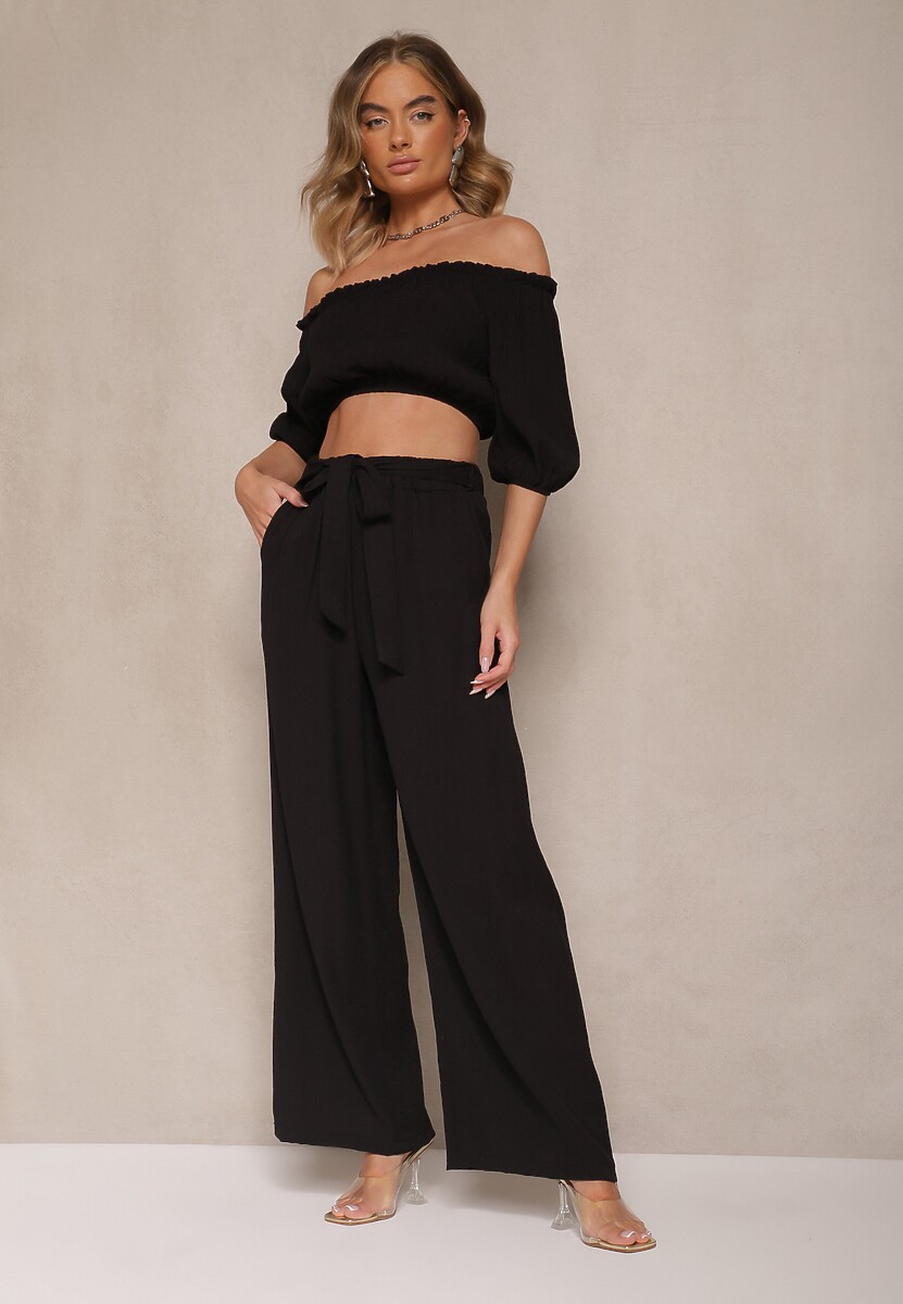 Czarny Komplet Spodnie o Szerokim Kroju i Bufiasta Bluzka Idalisse