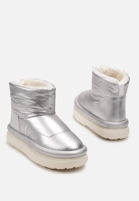 Srebrne Połyskujące Śniegowce na Płaskiej Podeszwie Ocieplone Futerkiem Brivida