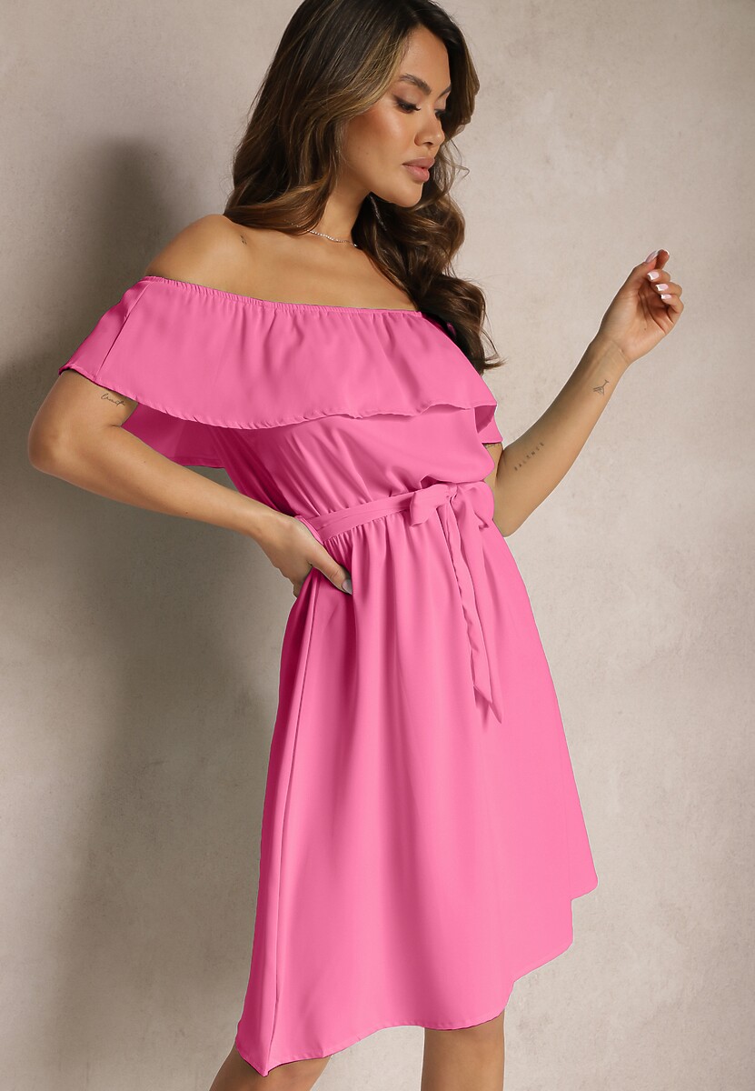 Różowa Rozkloszowana Sukienka o Fasonie Hiszpanki z Paskiem w Talii Koralice