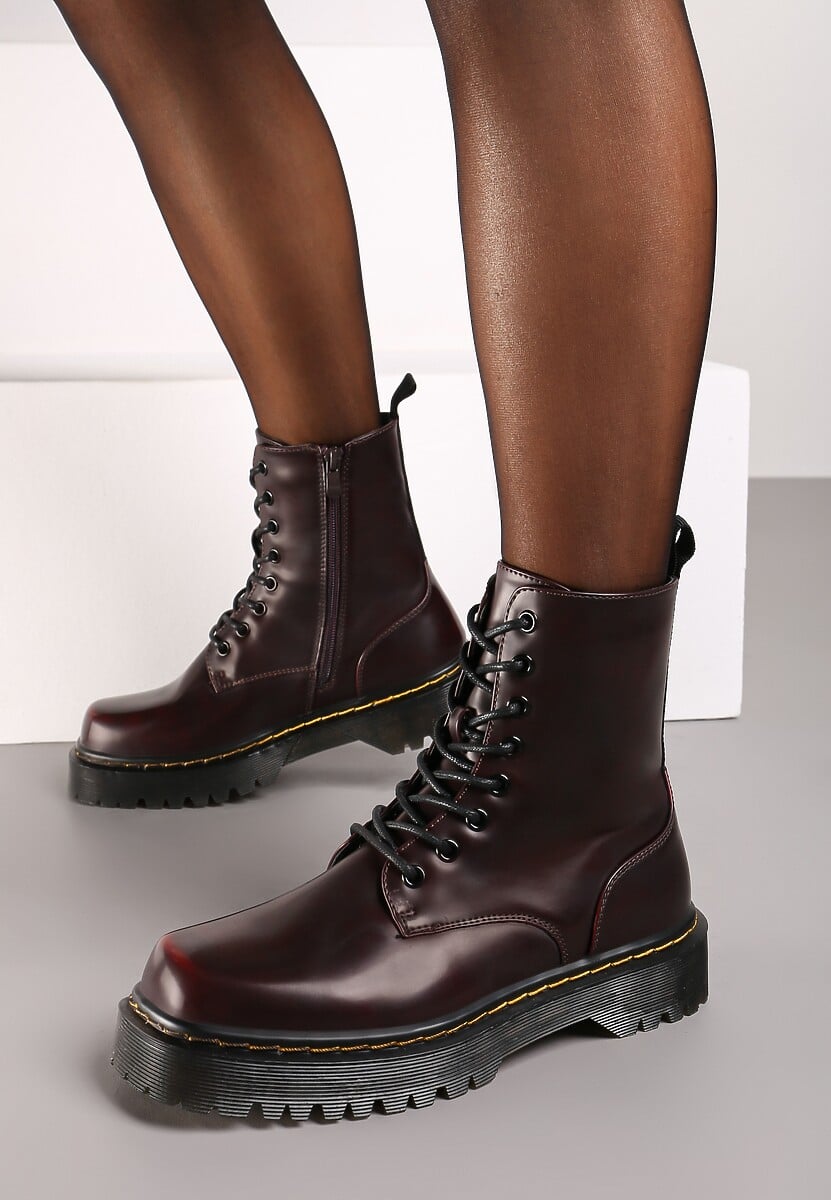 Brązowe Sznurowane Ocieplone Botki na Platformie w Stylu Workerów Crecca