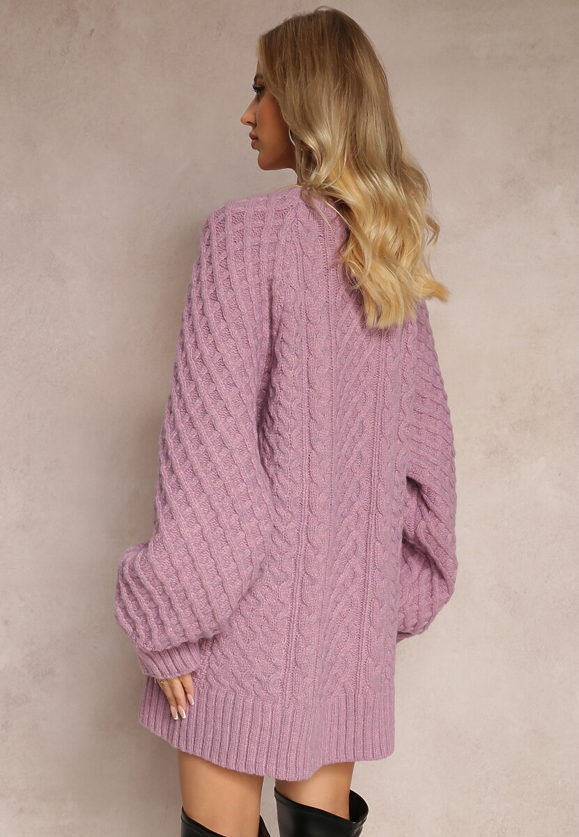 Fioletowy Długi Sweter Ozdobiony Drobnym Splotem Killoe