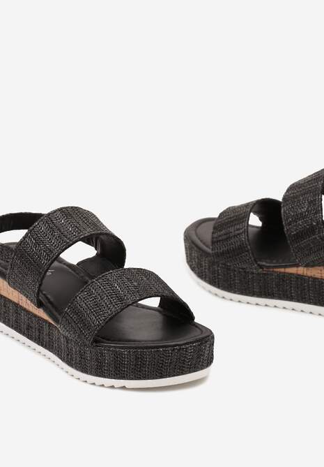 Czarne Sandały na Platformie z Koturnie z Ozdobną Plecionką i Sprzączką Meepora