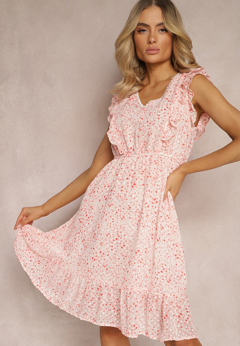 Niebieska Rozkloszowana Sukienka z Gumką w Pasie i Falbankami Ulaia