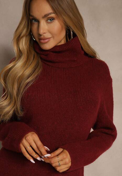 Bordowa Sweterkowa Sukienka Golf z Wełną i Wiskozą Fedorina