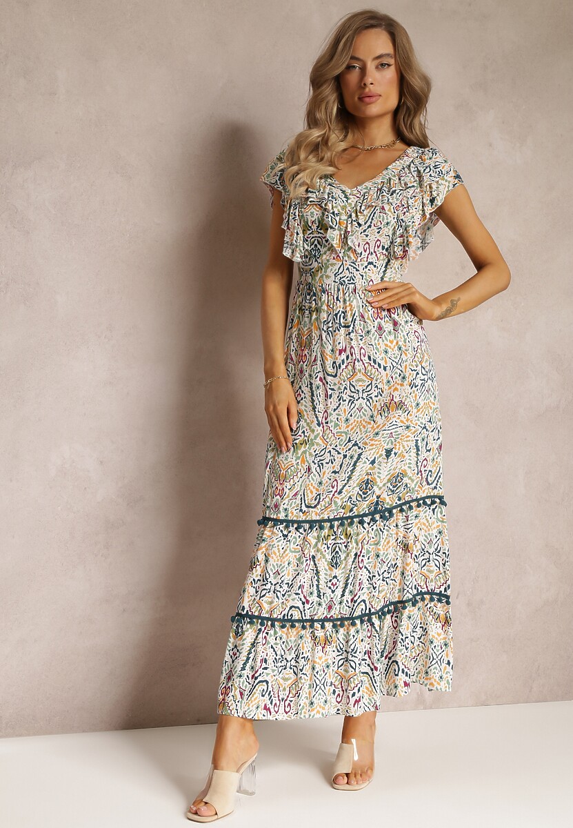 Biało-Beżowa Wiskozowa Sukienka Maxi z Pomponami i Gumką w Talii Belmona