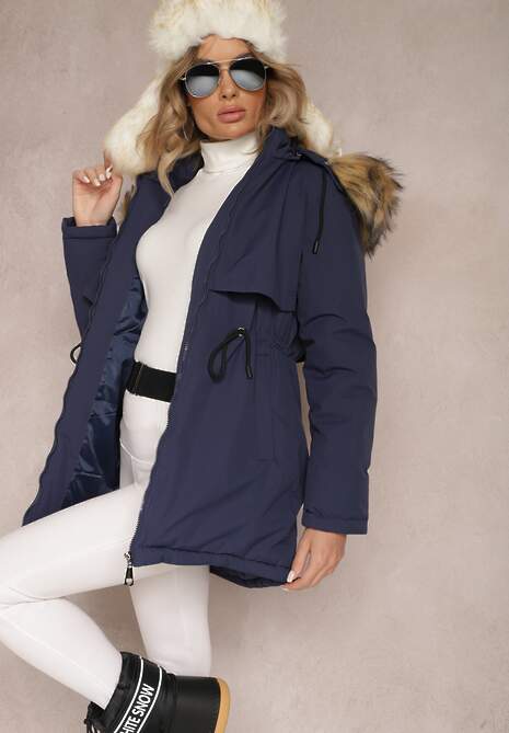 Granatowa Kurtka Parka z Kapturem z Futerkiem Bimi