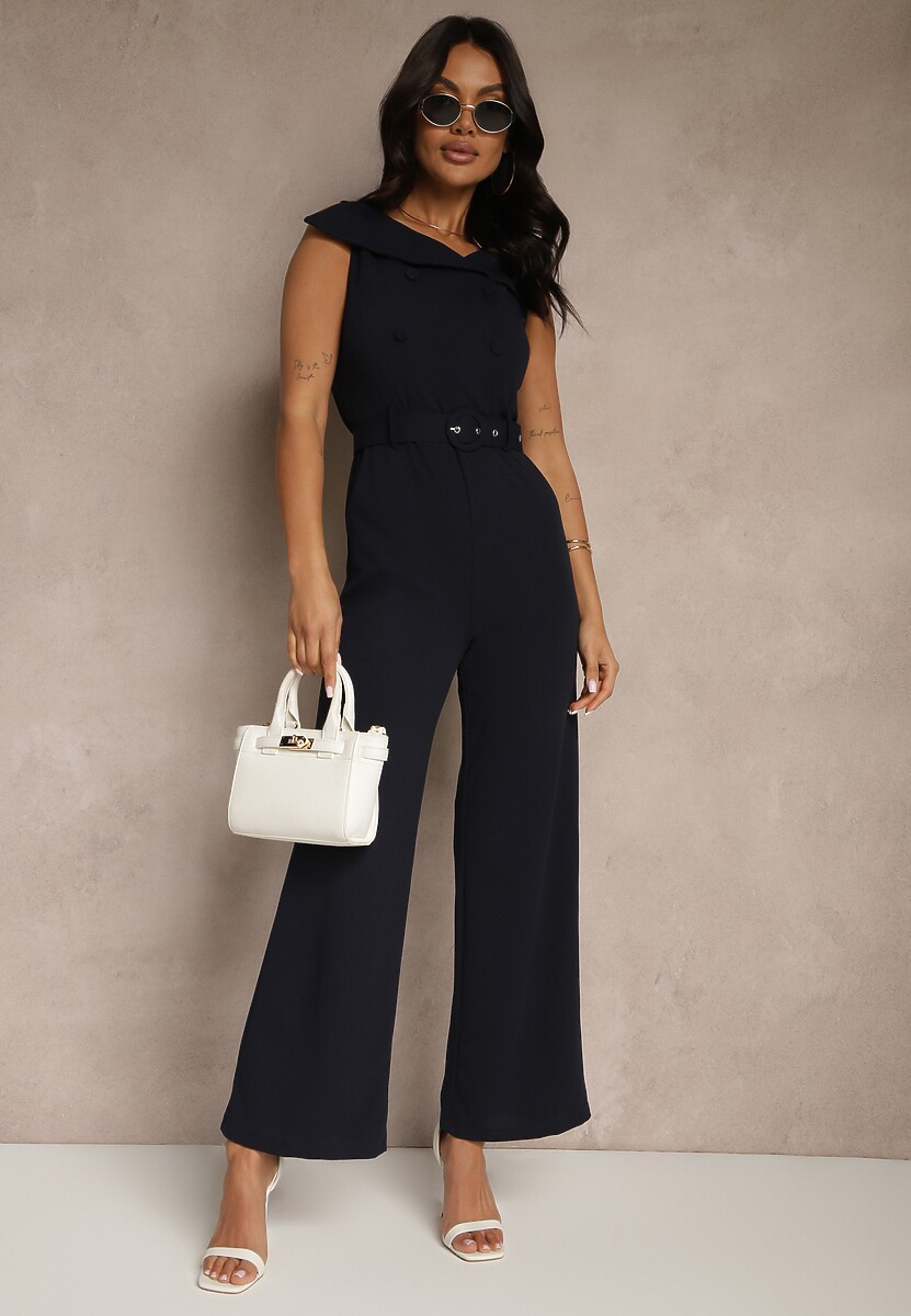 Granatowy Kombinezon z Dekoltem w Łódkę Guzikami i Paskiem Galissela