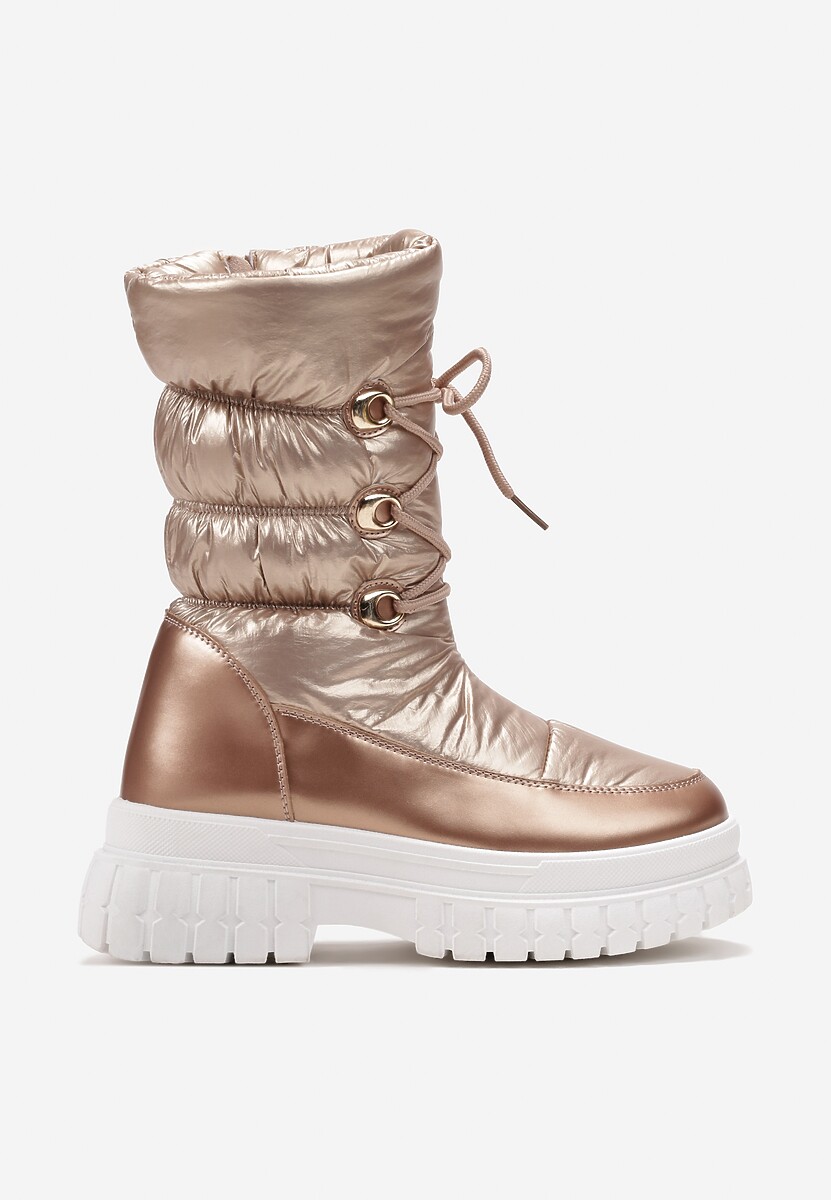 Szampańskie Sznurowane Śniegowce z Ozdobnym Pikowaniem i Połyskiem Birala