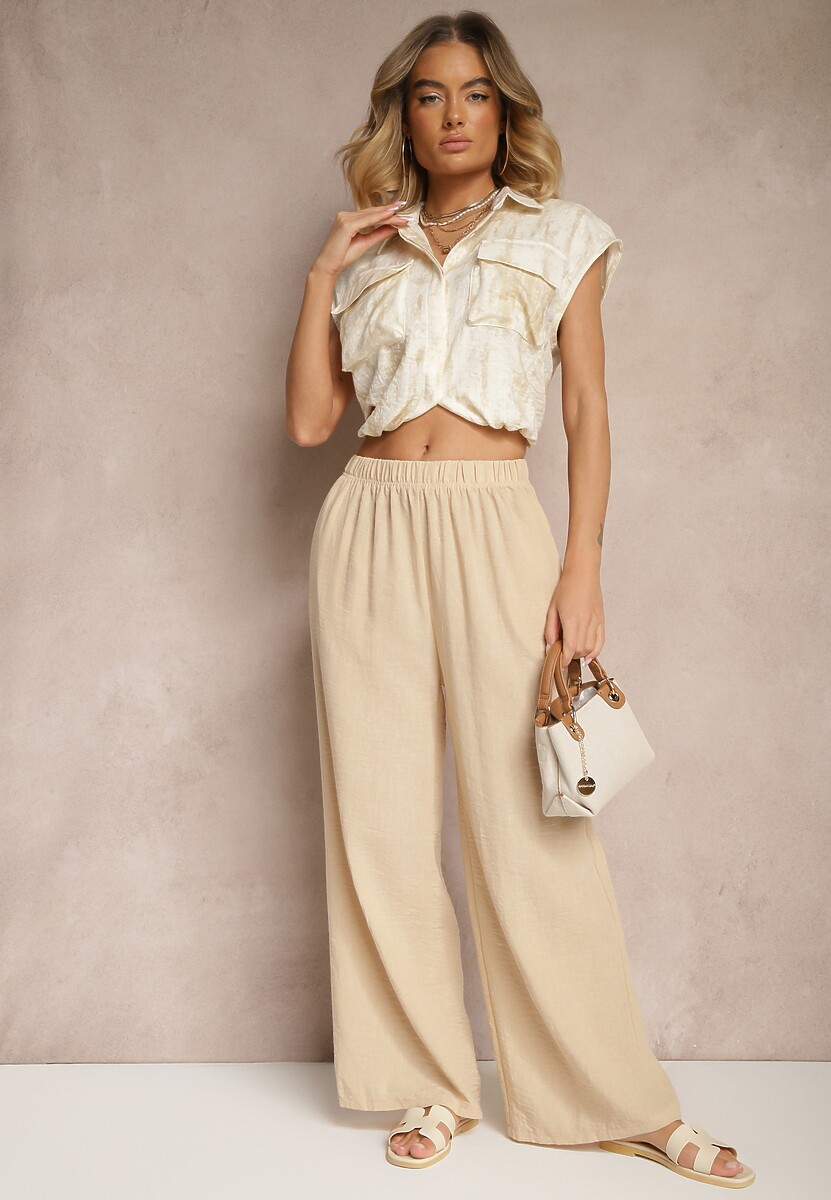 Jasnobeżowe Spodnie Palazzo o Szerokim Kroju High Waist Ollevia