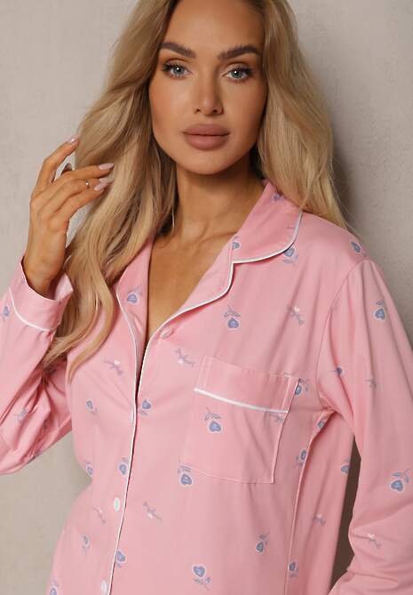 Różowy Komplet Piżamowy z Bawełny Spodnie z Gumką w Pasie Koszula na Guziki z Kieszonką Vaiolae