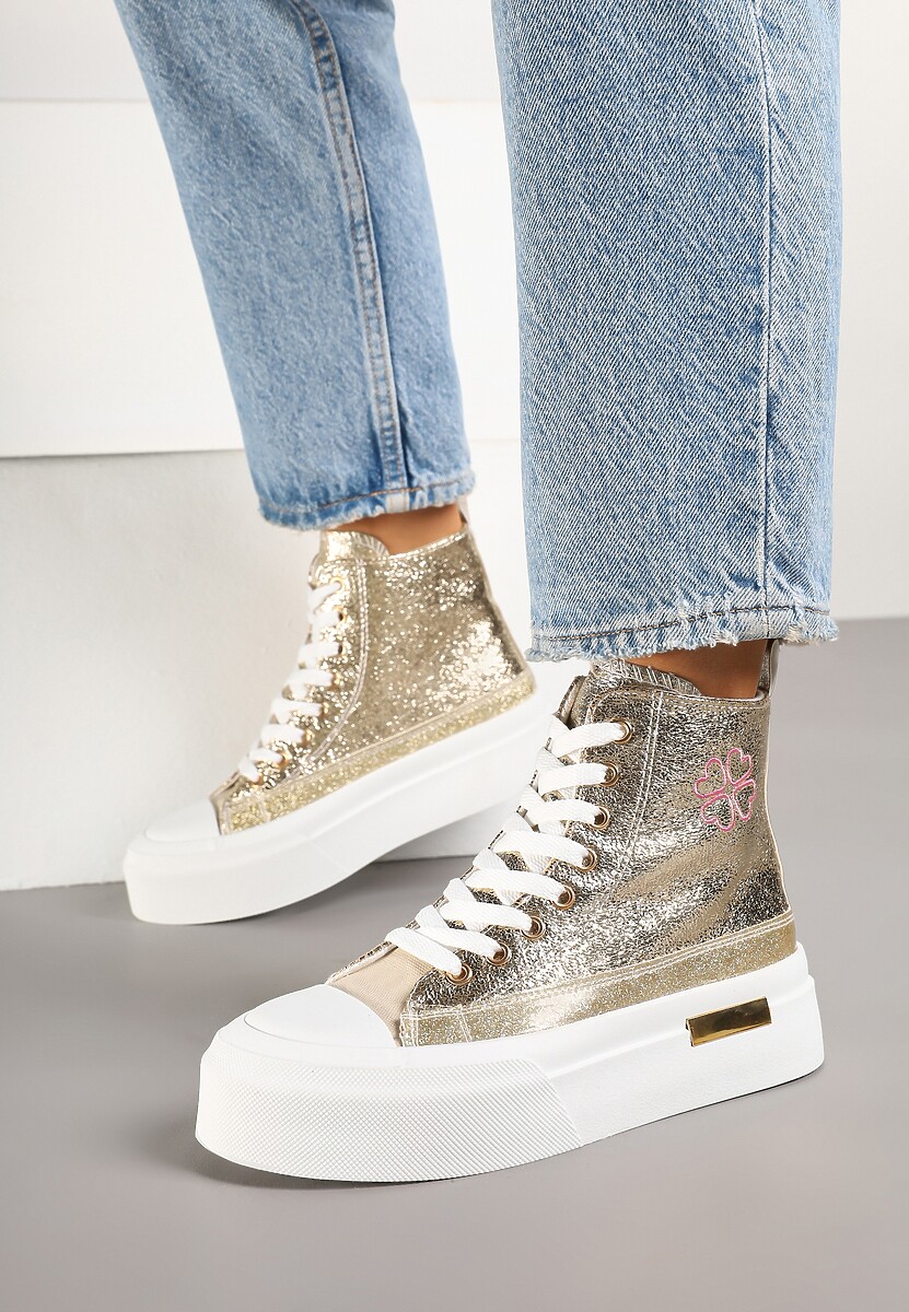 Złote Trampki na Platformie z Wysoką Cholewką Ozdobione Haftem Fonaril