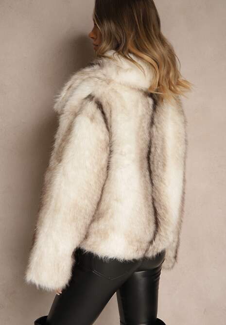 Beżowo-Biała Futrzana Kurtka z Efektowym Kołnierzem Tulesea