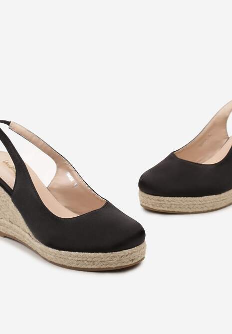 Czarne Sandały Espadryle z Satynową Cholewką i Plecionym Koturnem Manolla